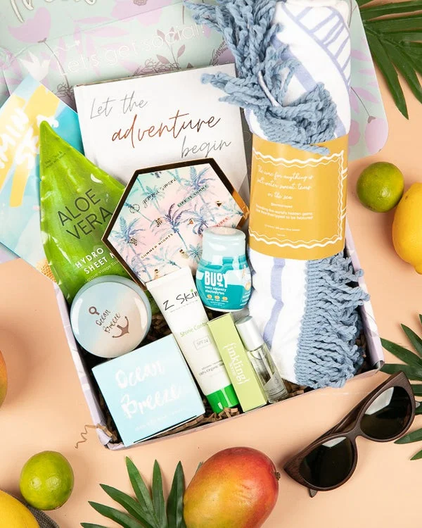 TheraBox self-care box with tropical-themed treats
