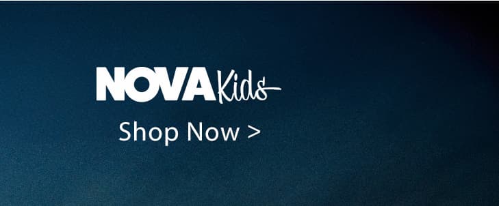 White "NOVA Kids" logo with "Shop Now >" call to action on a textured dark blue background. Explore our exciting new collection of children's apparel.