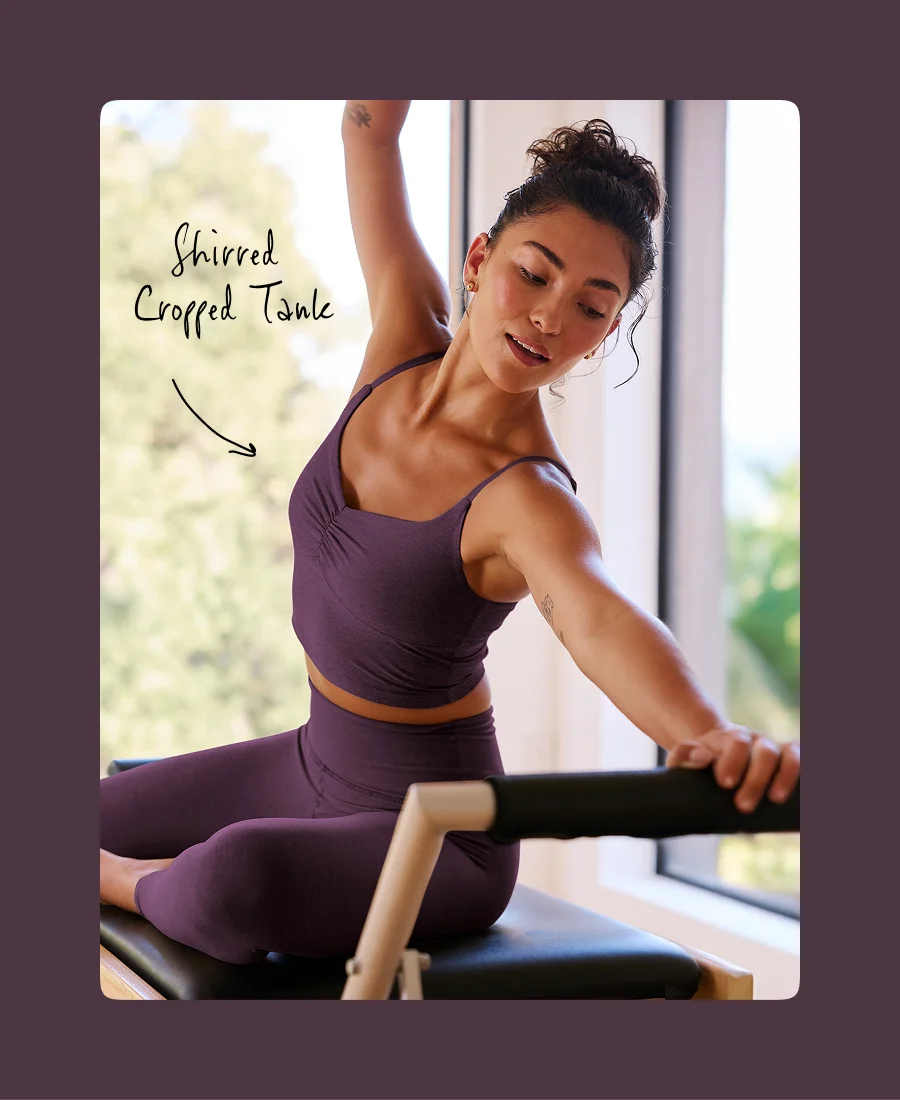 Spacedye Raise The Barre Shirred Cropped Tank in Eggplant Purple Heather