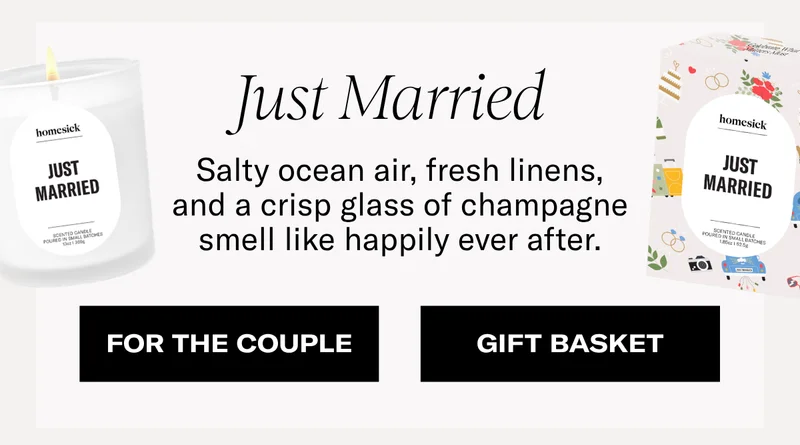 Just Married | Salty ocean air, fresh linens, and crisp glass of champagne smell like happily ever after. | For the Couple | Gift Basket