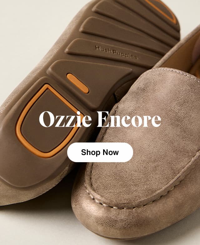 A close-up of the newest Ozzie Loafer in Bronze Metallic leather highlighting the apron toe on one shoe and driver sole on the other. The email says Ozzie Encore. Shop Now.