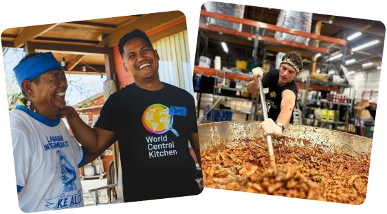 Image Description: An image of two people smiling and an image of a person stirring a large pot of food.