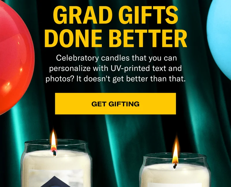 Grad Gifts Done Better | Celebrate candles that you can personalize with UV-printed text and photos? It doesn't get better than that. | Get Gifting
