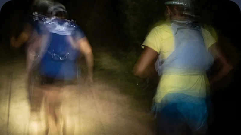 Two blurry looking runners at night.