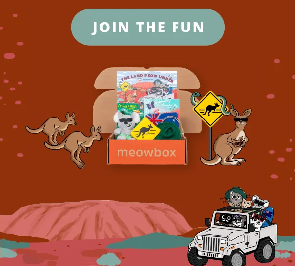 Join the fun! Image of the Land Meow Under meowbox (featuring toys like the Cat-ch a Wave Koala, Meowtback Hat, Purrceed with Caution Kangaroo Crossing catnip toys and more).