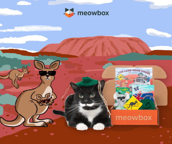 This one's a rippurr! Image of the Land Meow Under meowbox (featuring toys like the Cat-ch a Wave Koala, Meowtback Hat, Purrceed with Caution Kangaroo Crossing catnip toys and more) with a black white spotted cat wearing the Meowtback Hat next to it. In front of an Australian background with a kangaroo beside it.