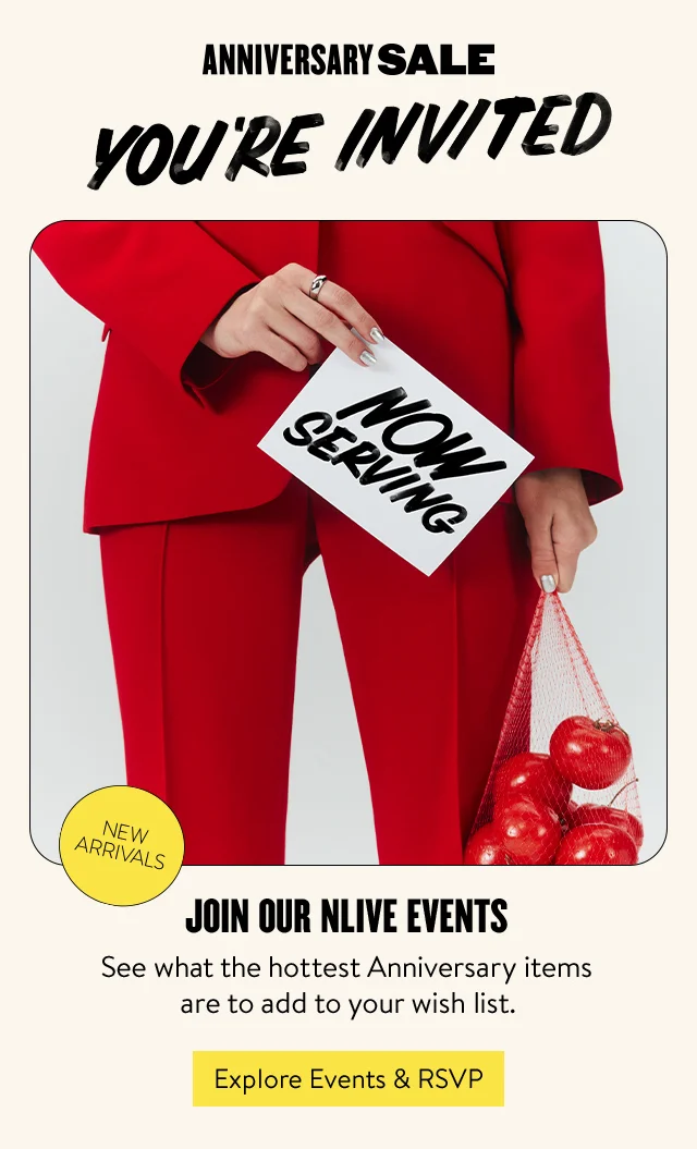 Anniversary Sale—you're invited. Woman in red suit holding a