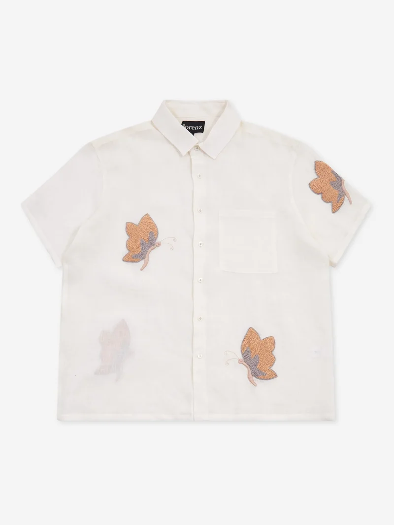 Image of Lorenz Papillon Hand Embroidered Short Sleeve Shirt - Cream