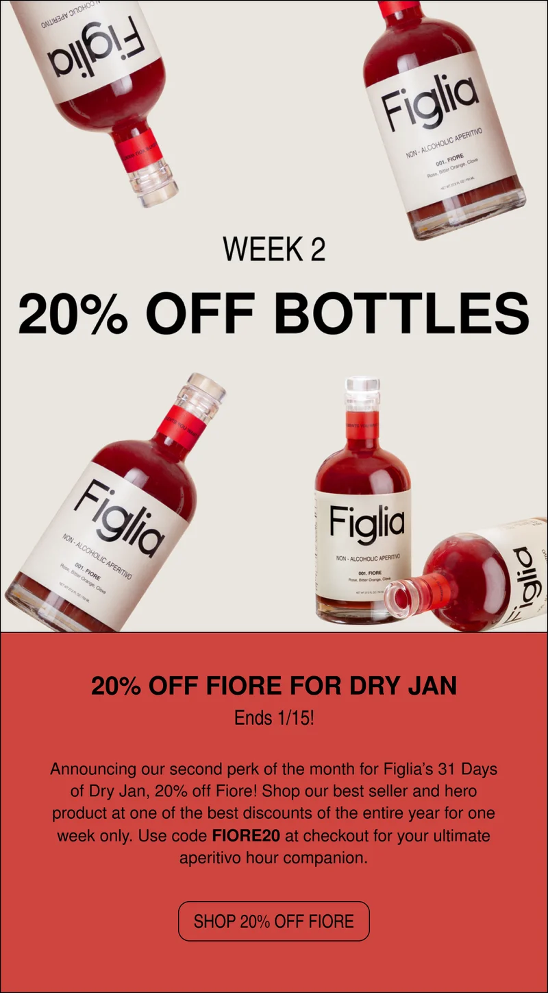 Announcing our second perk of the month for Figlia’s 31 Days of Dry Jan, 20% off Fiore! Shop our best seller and hero product at one of the best discounts of the entire year for one week only. Use code FIORE20 at checkout for your ultimate aperitivo hour companion.