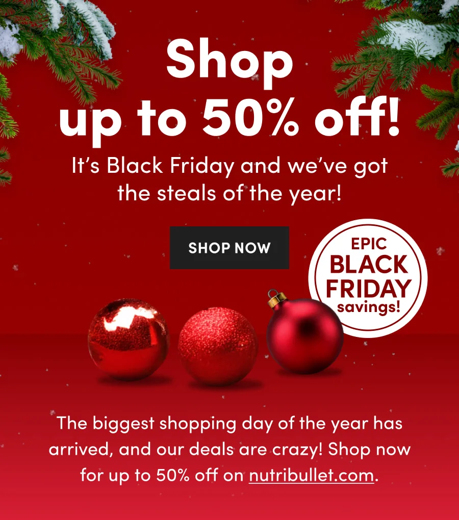 The nutribullet holiday sale offers 25%–50% off on everything from 11/20 to 12/4, featuring Christmas ornaments against a festive red background.