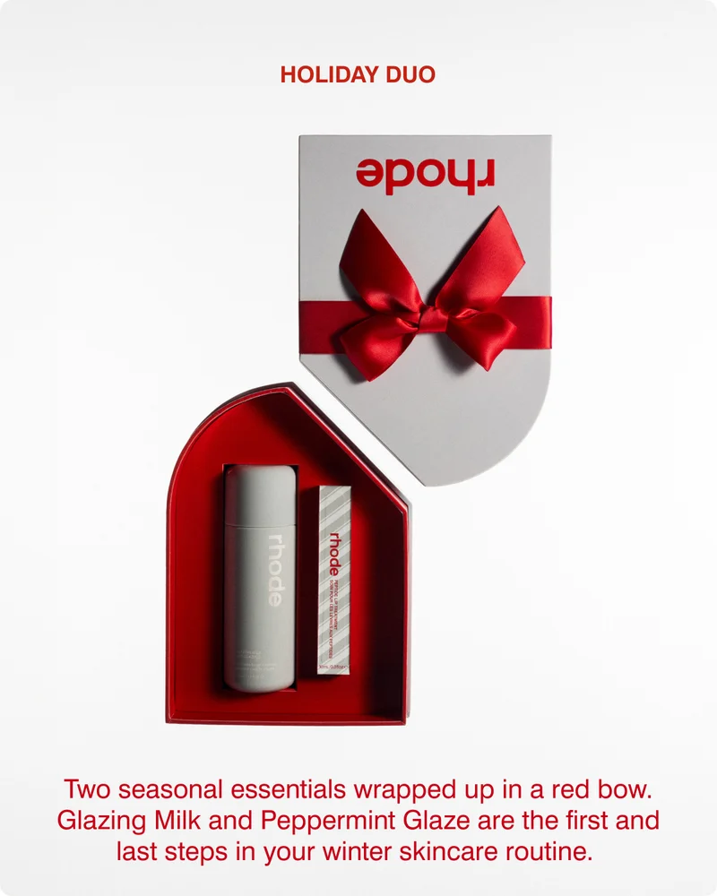 Holiday Duo: Two seasonal essentials wrapped up in a red bow. Glazing Milk and Peppermint Glaze are the first and last steps in your winter skincare routine.