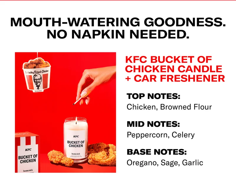 Mouth-Watering Goodness. No Napkin Needed. | KFC Bucket of chicken candle + Car Freshner | Top Notes: Chicken, Browned Flour | Mid Notes: Peppercorn, Celery | Base Notes: Oregano, Sage, Garlic