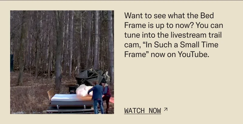 Want to see what the Bed Frame is up to now? You can tune into the livestream trail cam, “In Such a Small Time Frame” now on YouTube.