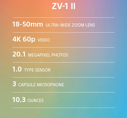 ZV-1 II | 18-50mm Ultra-wide Zoom Lens | 4K 60p Video | 20.1 Megapixel photos | 1.0 Type sensor | 3 Capsule microphone | 10.3 Ounces
