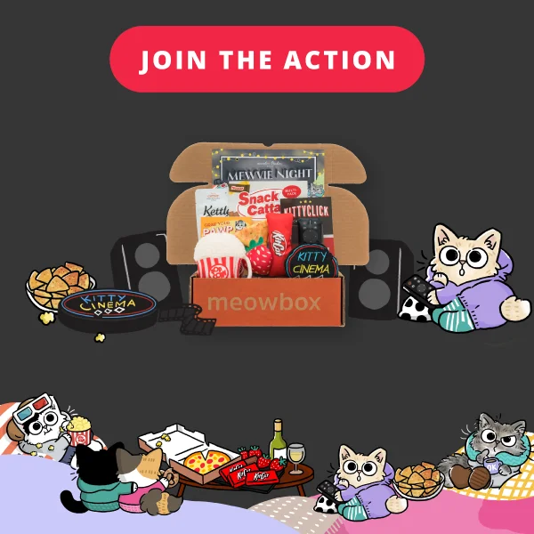 Join the action! Image of the Mewvie Night meowbox (featuring toys like the Snack Cattack Multi-pack, Grab Your Pawpcorn, Kitty Click Remote catnip toys and more).