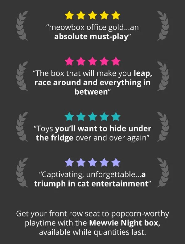 ⭐⭐⭐⭐⭐ ****“meowbox office gold…an absolute must-play”  ⭐⭐⭐⭐⭐ “The box that will make you leap, race around and everything in between” ⭐⭐⭐⭐⭐ ****“Toys you’ll want to hide under the fridge over and over again”  ⭐⭐⭐⭐⭐ “Captivating, unforgettable…a triumph in cat entertainment”. Get your front row seat to popcorn-worthy playtime with the Mewvie Night box, available while quantities last.