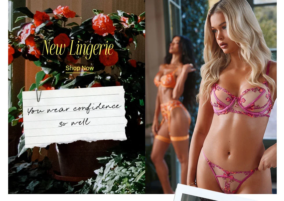 New Lingerie Collection banner: blonde model in sheer pink embroidered bra & thong; brunette in orange set. Red flowers and 'Shop Now' promote new styles.