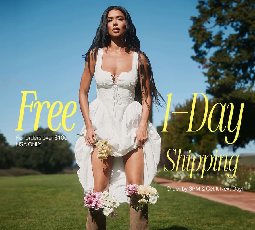 Model in white eyelet mini dress & boots with flowers outdoors. Get Free 1-Day Shipping on new collection orders over $100.