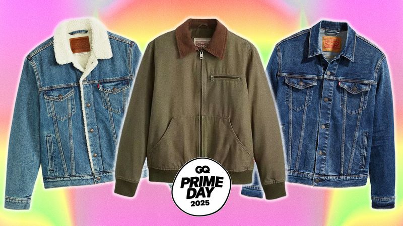 Collage of Levi's jackets on a bright gradient background with a GQ Prime Day 2025 badge.