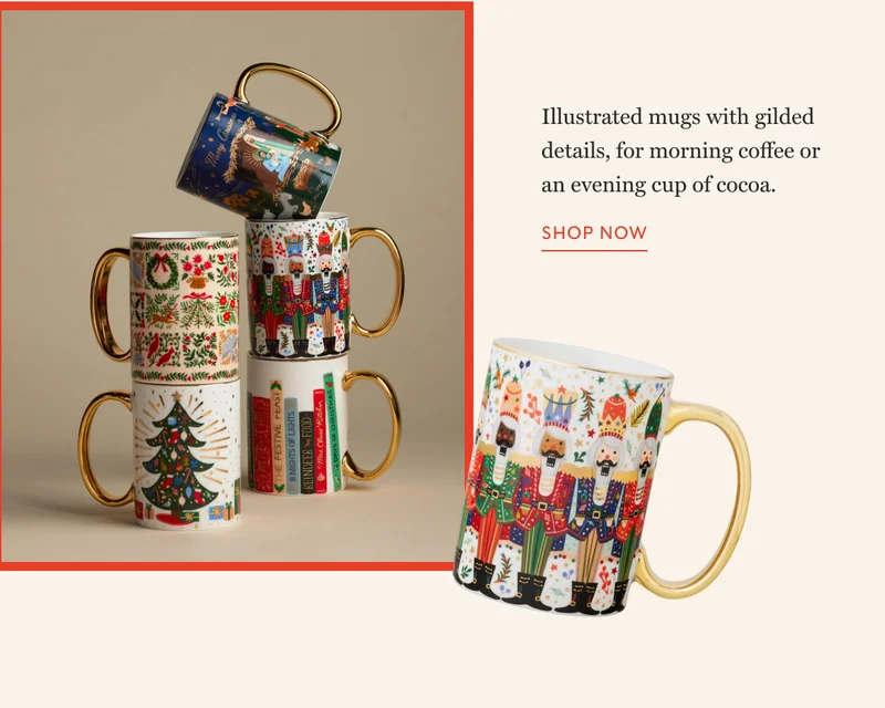 Illustrated mugs with gilded details, for morning coffee or an evening cup of cocoa.  shop now