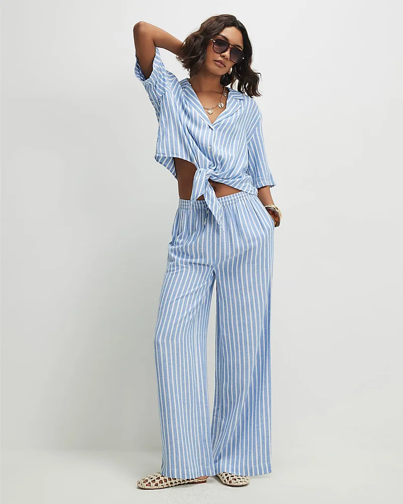 Blue Linen Blend Stripe Trousers