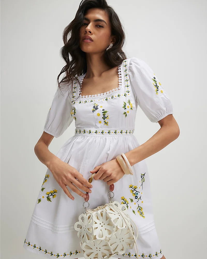 Womens White Daisy Embroidered Mini Dress
