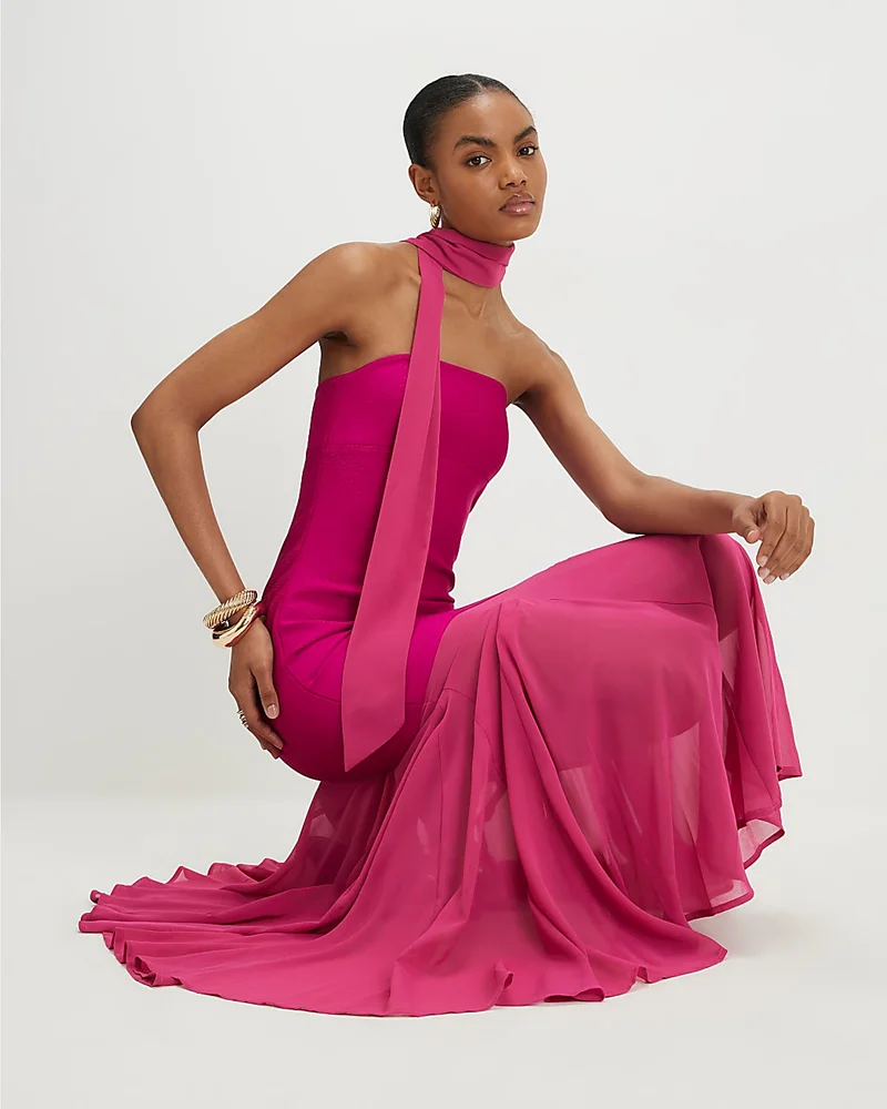 Womens Pink Scarf Bandeau Hybrid Midi Dress