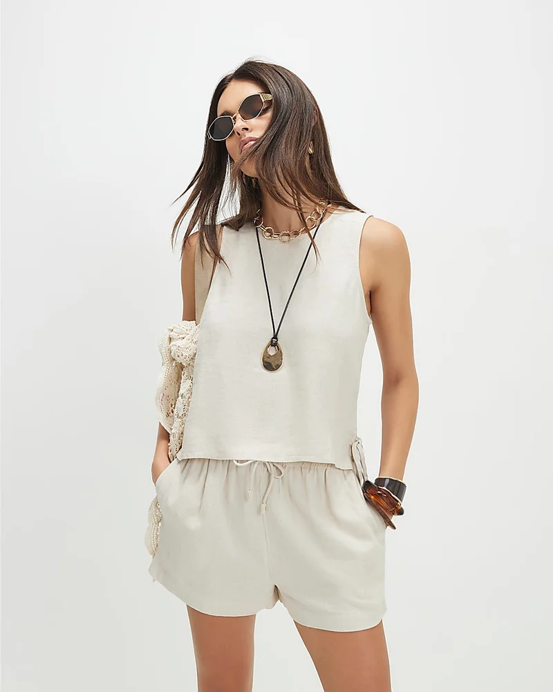 Beige Linen Blend Tank Top