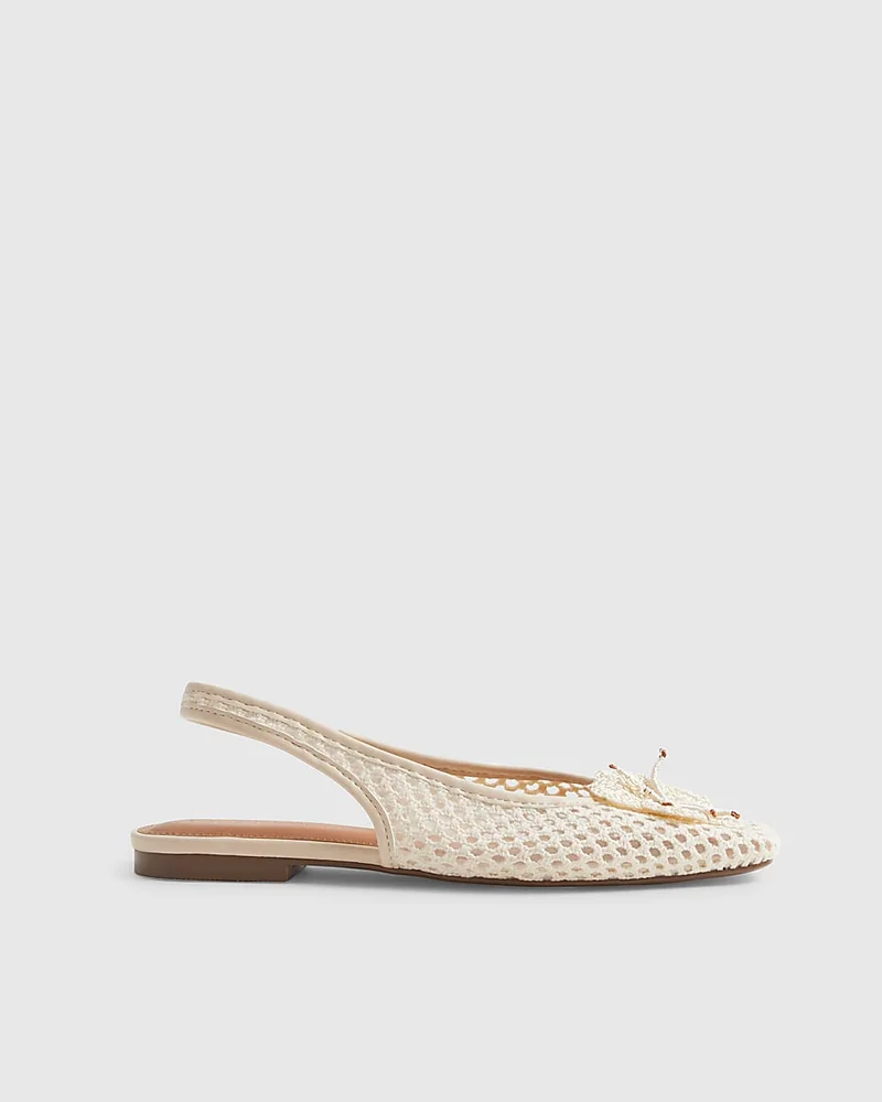 Womens Cream Flower Crochet Flat Slingback Shoes