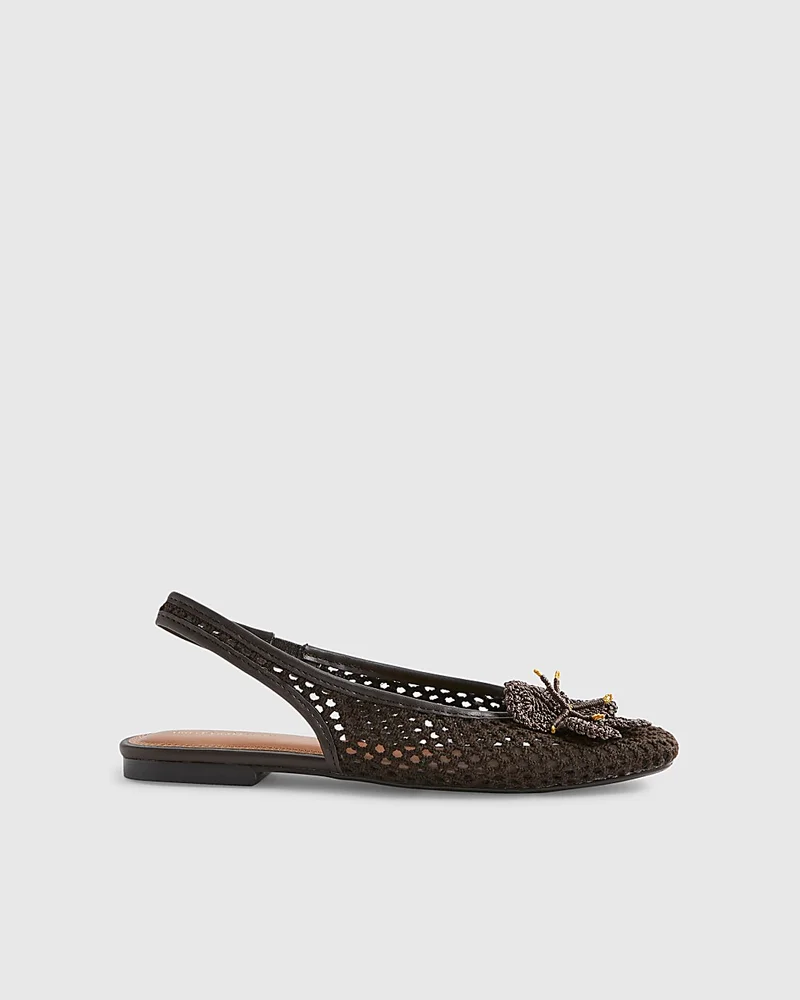 Womens Brown Flower Crochet Flat Slingback Shoes