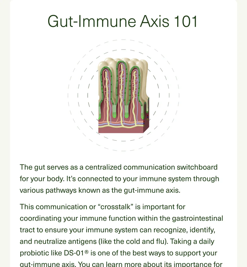 Gut-Immune Axis 101. The gut serves as a centralized communication switchboard for your body. It’s connected to your immune system through various pathways known as the gut-immune axis. This communication or “crosstalk” is important for coordinating your immune function within the gastrointestinal tract to ensure your immune system can recognize, identify, and neutralize antigens (like the cold and flu). Taking a daily probiotic like DS-01® is one of the best ways to support your gut-immune axis. You can learn more about its importance for overall health here.