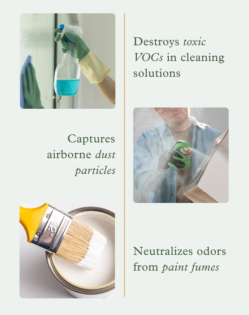 Molekule purifier benefits: destroys toxic VOCs in cleaning solutions, captures airborn dust particles, neutralizes odors and paint fumes