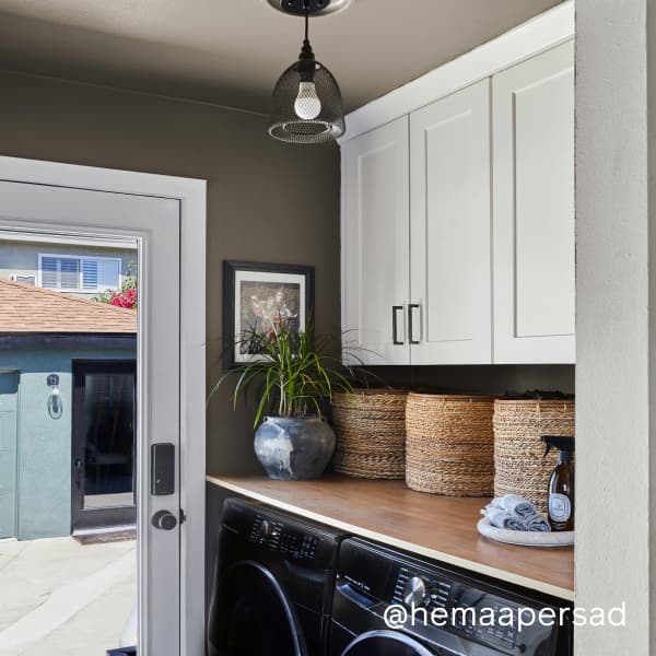 Laundry room color drenched in Dirty Chai paint color