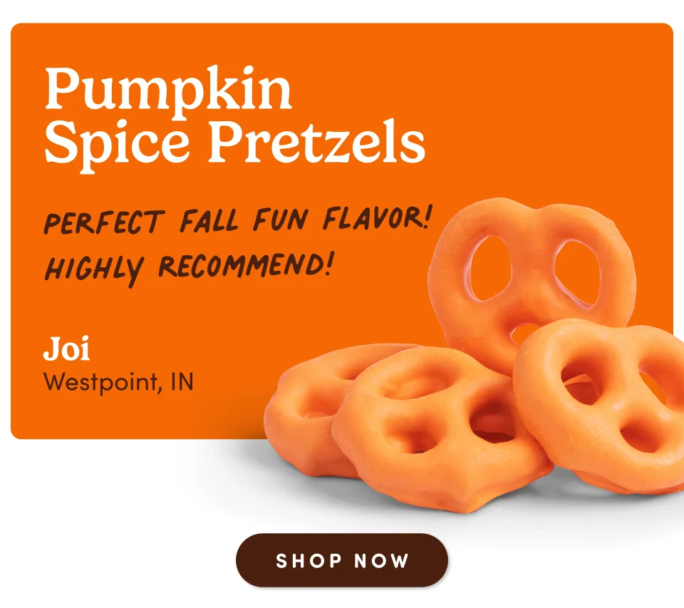 Pumpkin Spice Pretzels – Perfect fall fun flavor! Highly Recommended! –&nbsp;Joi, Westpoint, IN; Shop now