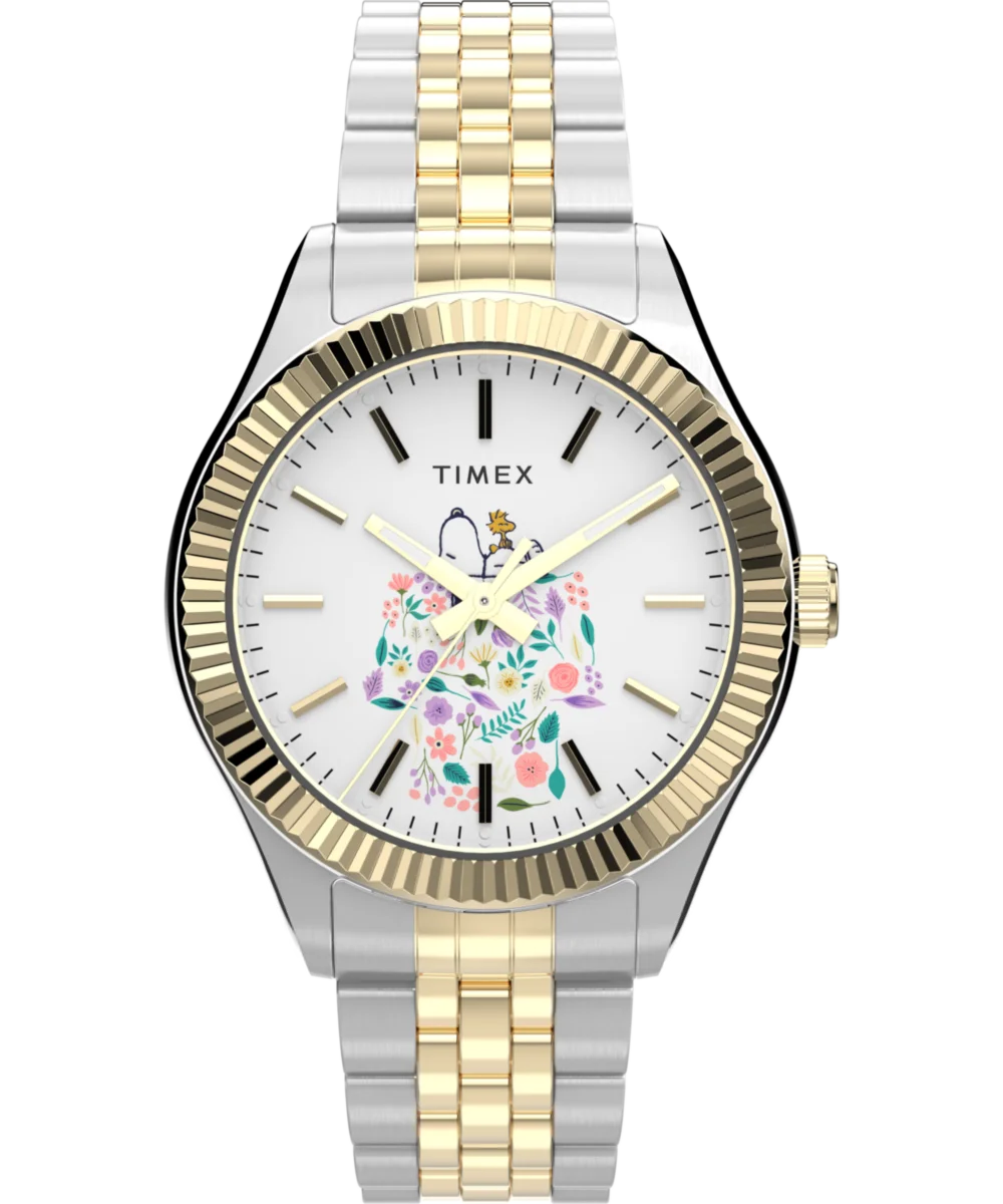 Image of Timex x Peanuts® Timex Legacy In Bloom 34mm Stainless Steel Bracelet Watch