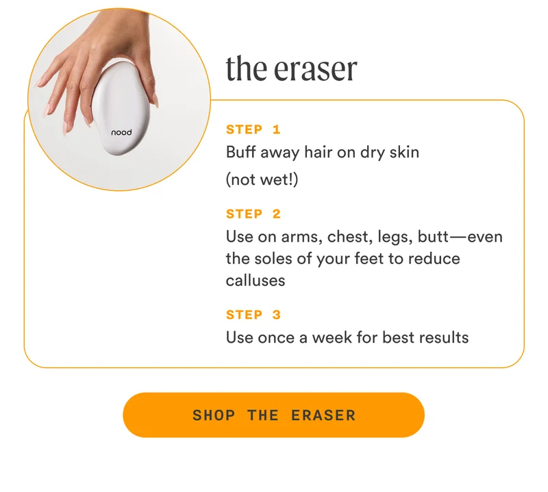 H3: The Eraser S3: Buff away hair on dry skin (not wet!) Use on arms, chest, legs, butt—even the soles of your feet to reduce calluses Use once a week for best results CTA3: SHOP THE ERASER