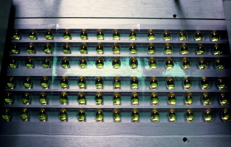 Vitamin E pills lined up in rows.