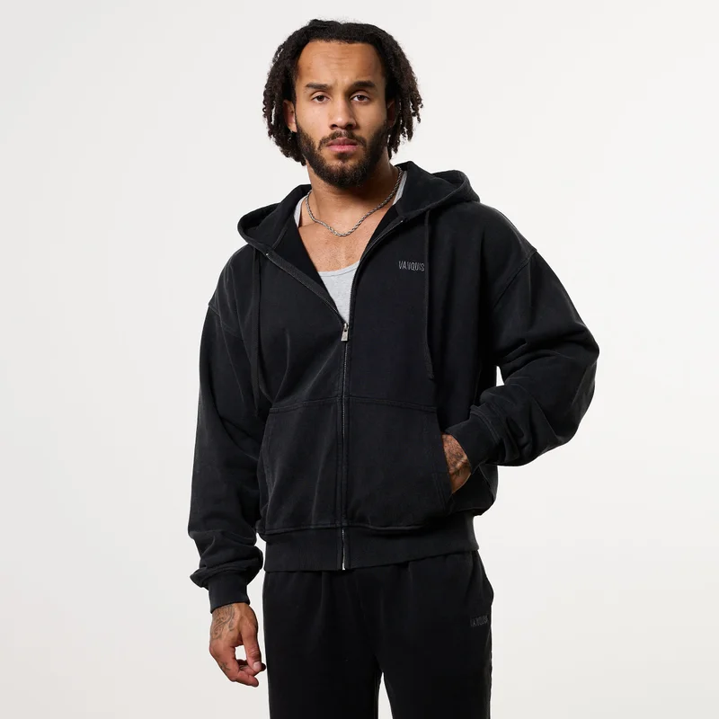 Image of WASHED BLACK HEAVY WEIGHT OVERSIZED ZIP HOODIE