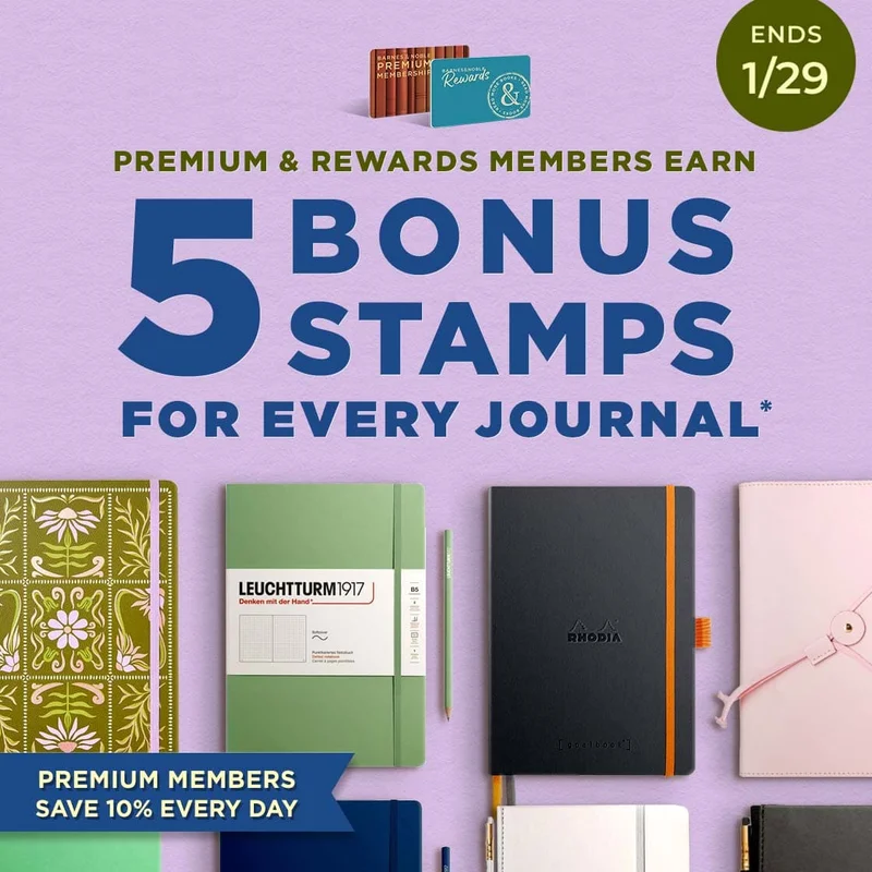 PREMIUM & REWARDS MEMBERS EARN 5 BONUS STAMPS FOR EVERY JOURNAL*. [Flag]: PREMIUM MEMBERS SAVE 10% EVERY DAY. ENDS 1/29