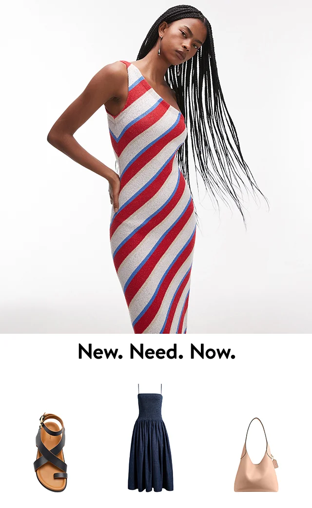 A woman wearing a striped one-shoulder dress; a dark blue smocked dress, ankle-strap sandal and handbag.