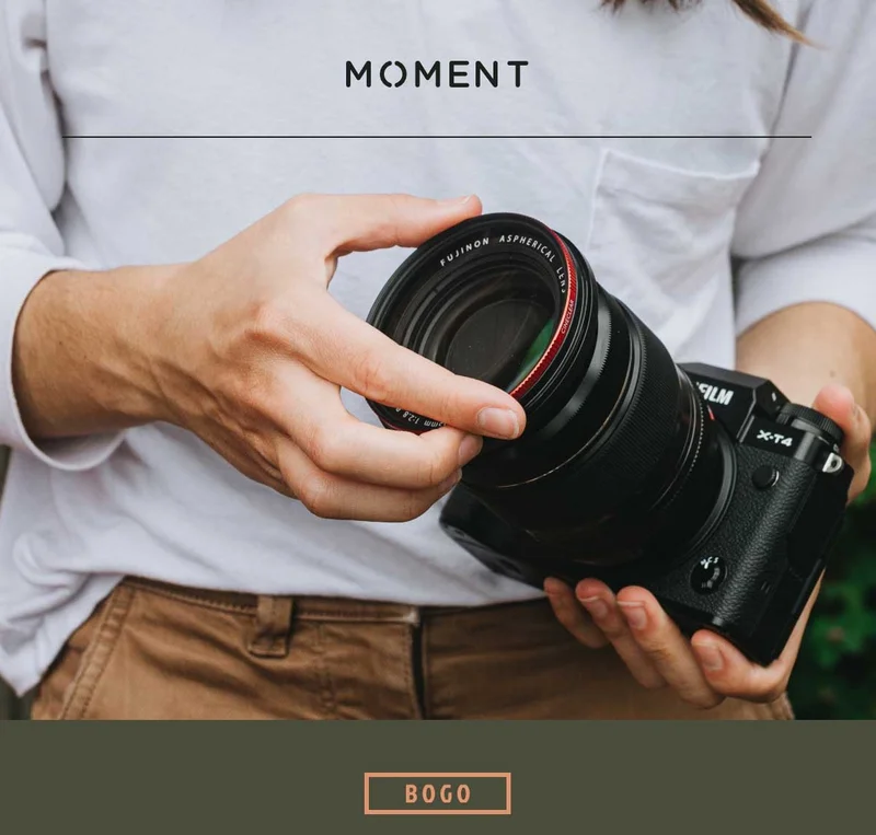 Moment - BOGO - Image of a woman installing a filter on the front of a camera lens.