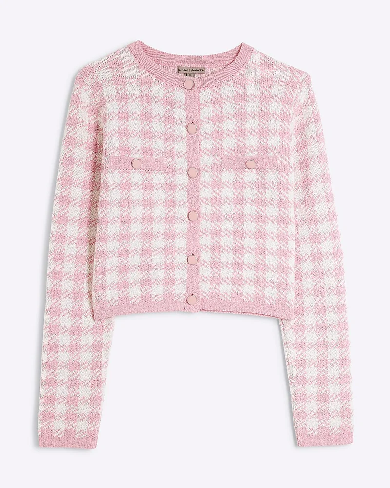 Pink Check Print Knit Cardigan