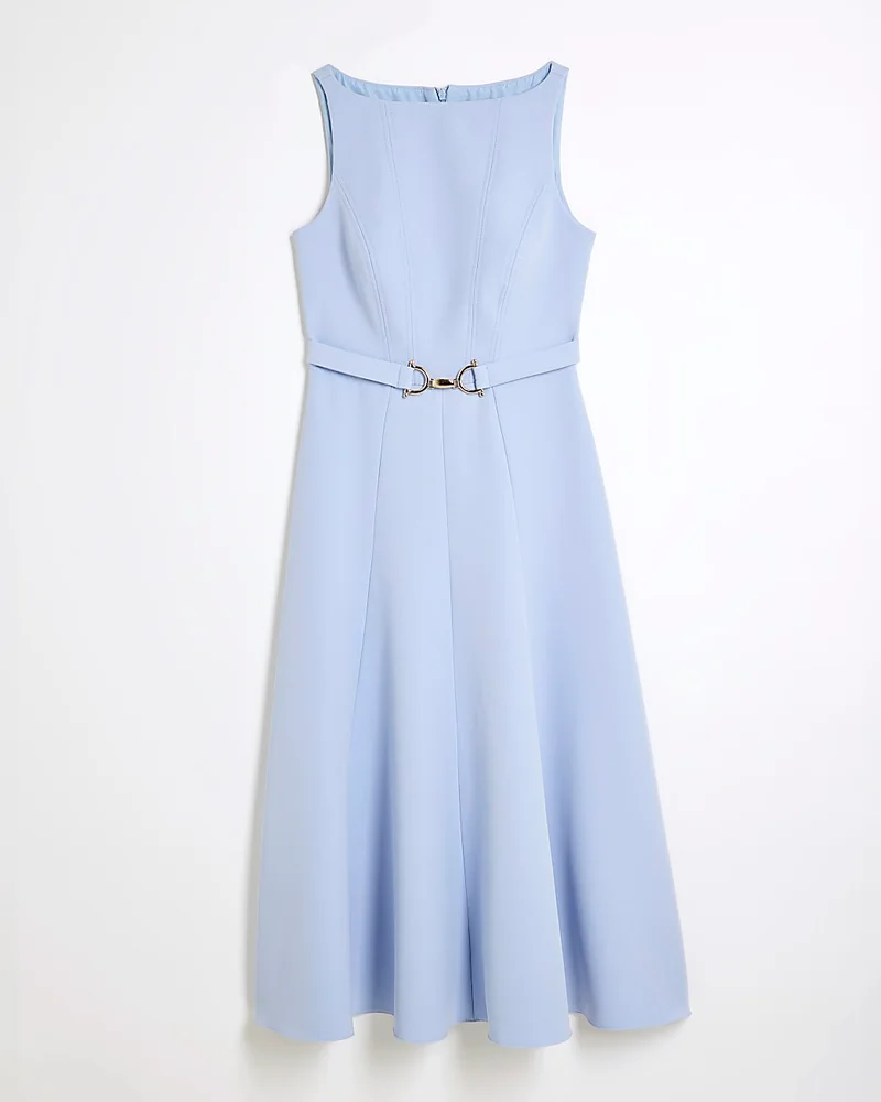 Blue Boat Neck Belted Midi Dress