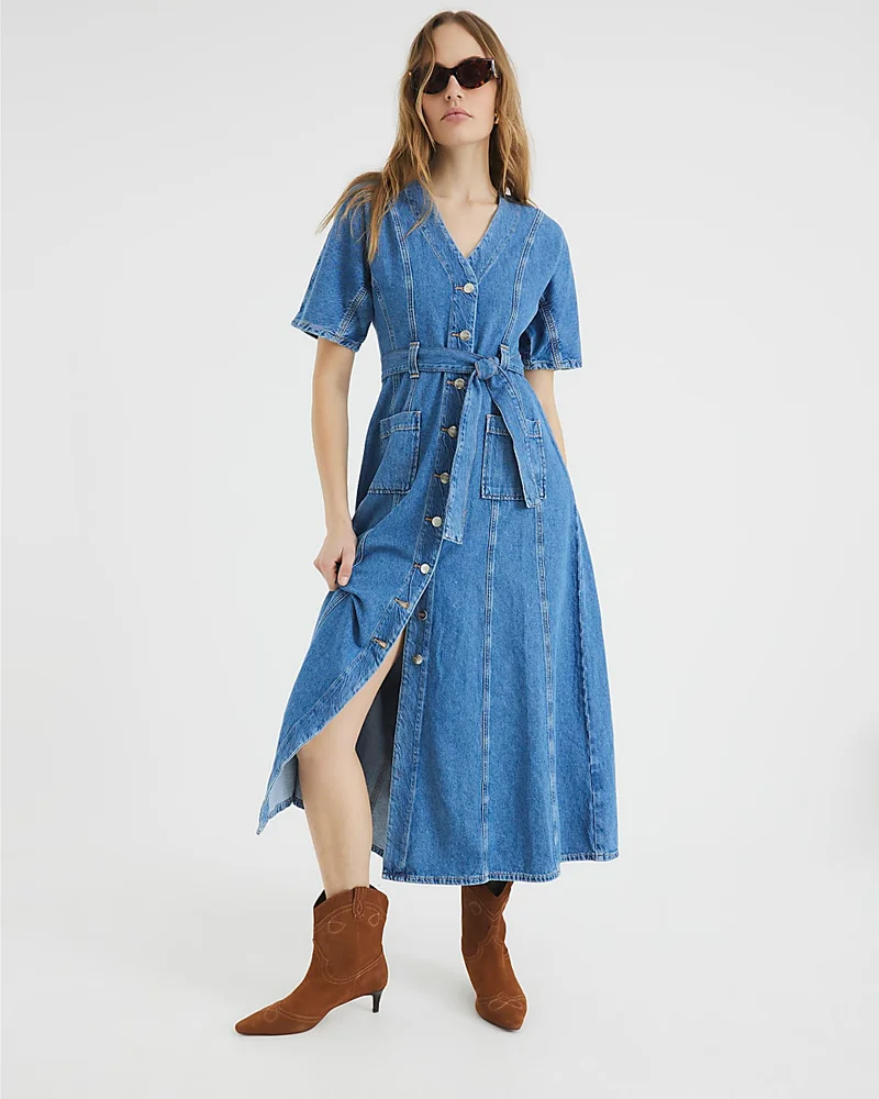 Blue Denim Seamed Short Sleeve Midi dress