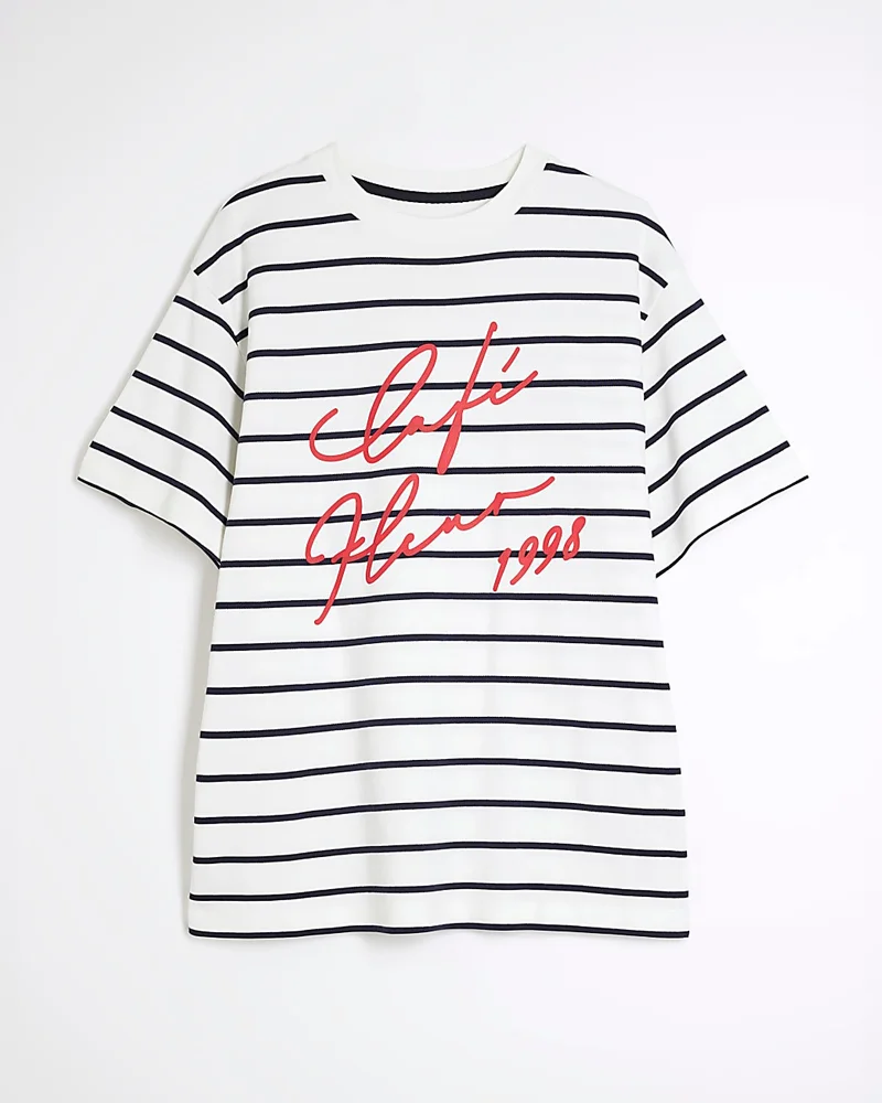 White Short Sleeve Cafe Fleur Stripe T-Shirt