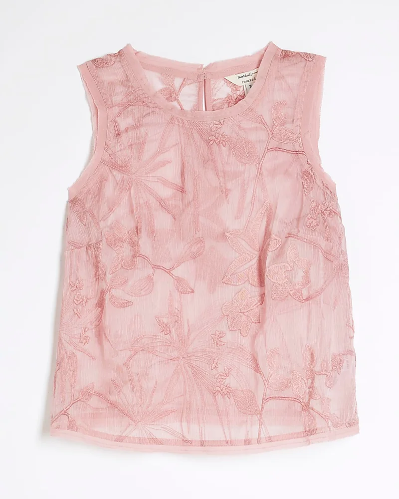 Pink Sleeveless Floral Embroidered Tank Top