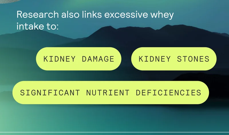 Research also links excessive whey intake to:   Kidney Damage Kidney Stones Significant Nutrient Deficiencies
