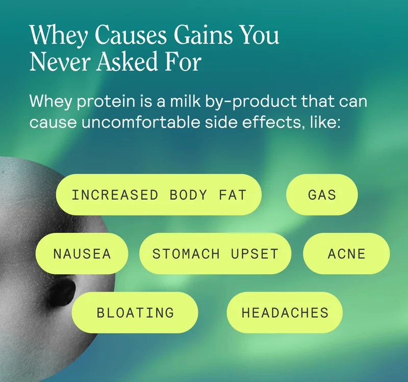 Whey protein is a milk by-product that can cause uncomfortable side effects, like:  Increased Body Fat Stomach Upset Gas Bloating Acne Nausea Headaches