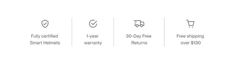 UNIT 1 trust icons showing certified smart helmets, 1-year warranty, free returns, and shipping.