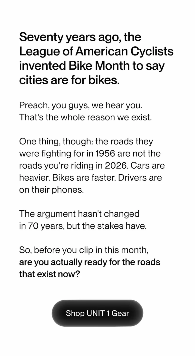 Message about National Bike Month highlighting modern urban cycling risks and the need for better protective gear